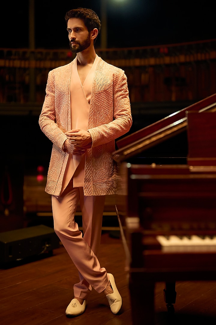 Pink Italian Crepe & Organza Embroidered Jacket Set by Varun Chakkilam Men at Pernia's Pop Up Shop