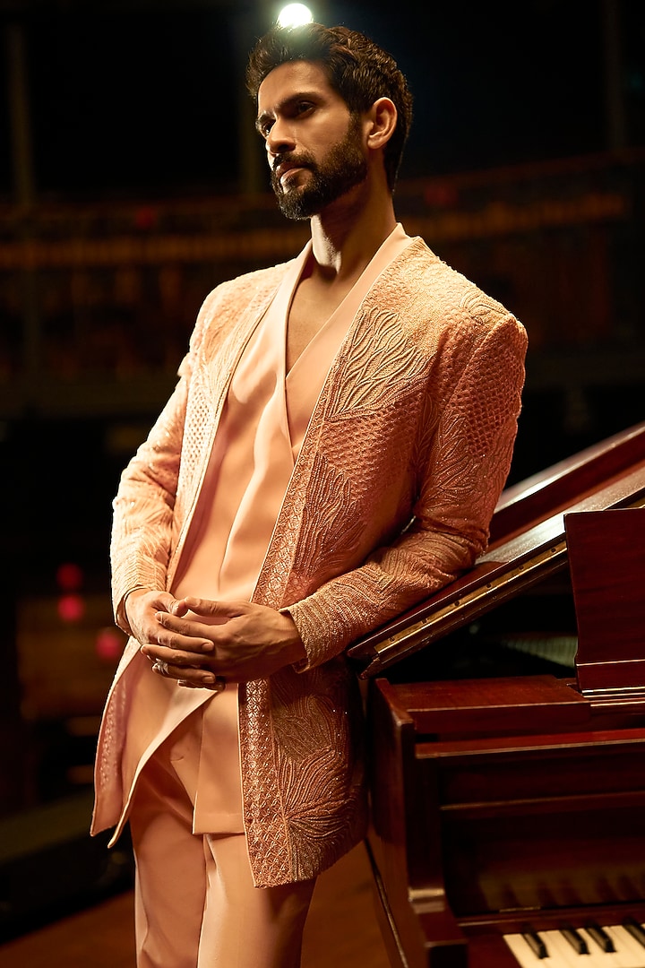 Pink Italian Crepe & Organza Embroidered Jacket Set by Varun Chakkilam Men at Pernia's Pop Up Shop