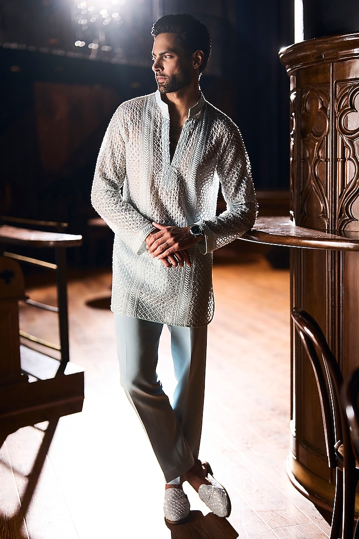 Blue Italian Crepe & Organza Embellished Kurta Set by Varun Chakkilam Men at Pernia's Pop Up Shop