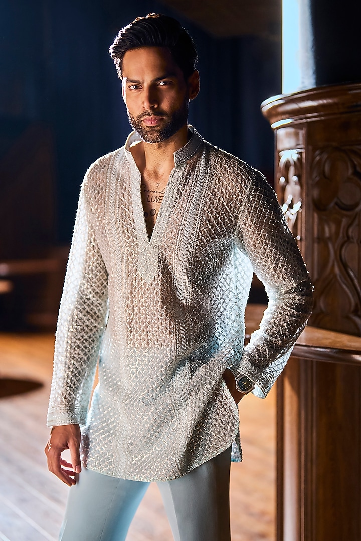 Blue Italian Crepe & Organza Embellished Kurta Set by Varun Chakkilam Men at Pernia's Pop Up Shop