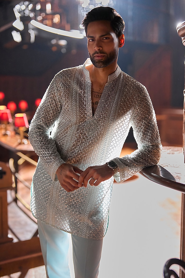 Blue Italian Crepe & Organza Embellished Kurta Set by Varun Chakkilam Men at Pernia's Pop Up Shop