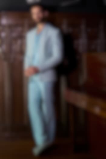 Blue Italian Crepe & Organza Embroidered Open Jacket Set by Varun Chakkilam Men at Pernia's Pop Up Shop