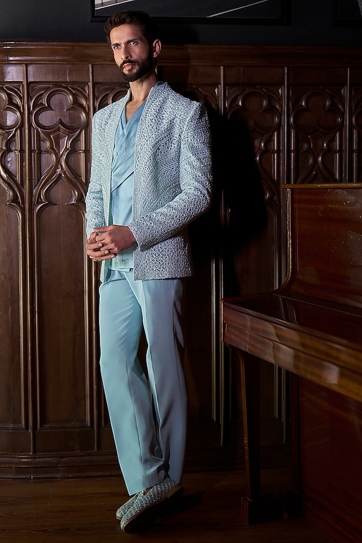 Blue Italian Crepe & Organza Embroidered Open Jacket Set by Varun Chakkilam Men at Pernia's Pop Up Shop