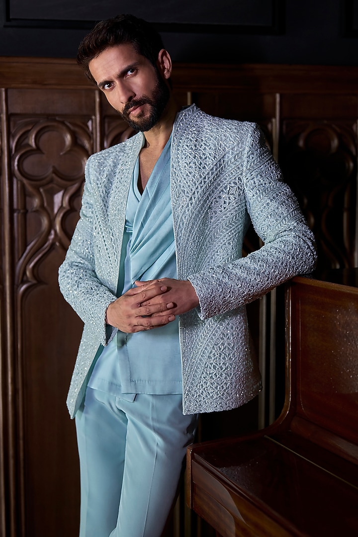 Blue Italian Crepe & Organza Embroidered Open Jacket Set by Varun Chakkilam Men at Pernia's Pop Up Shop