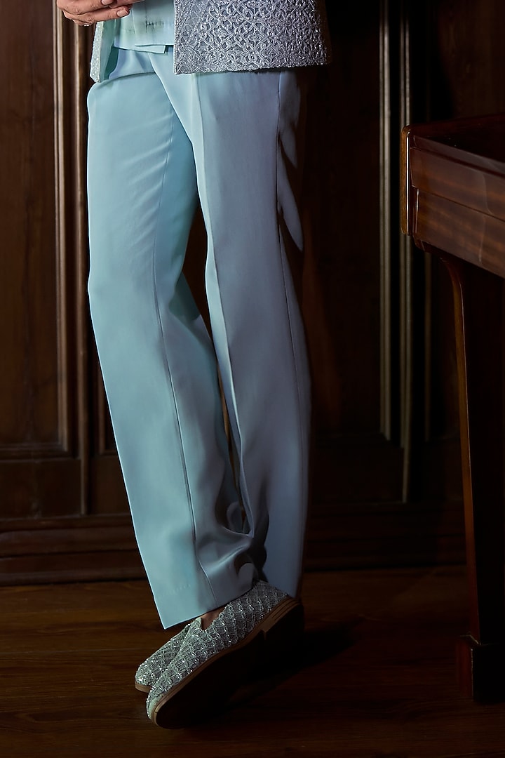 Blue Italian Crepe & Organza Embroidered Open Jacket Set by Varun Chakkilam Men at Pernia's Pop Up Shop
