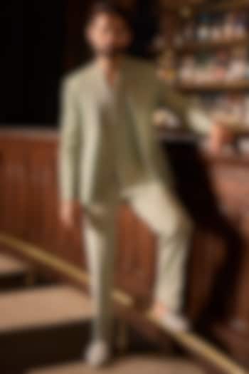 Sage Green Italian Crepe & Twill Silk Embroidered Open Jacket Set by Varun Chakkilam Men at Pernia's Pop Up Shop