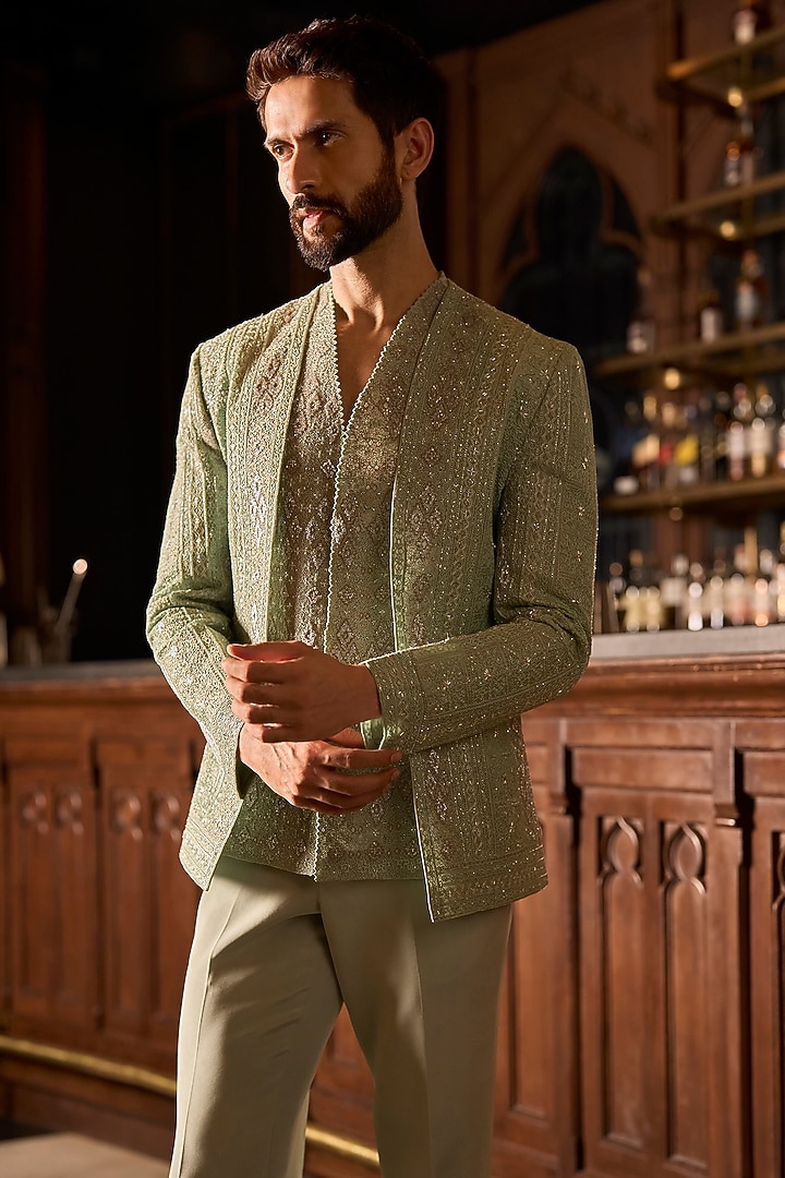 Sage Green Italian Crepe & Twill Silk Embroidered Open Jacket Set by Varun Chakkilam Men at Pernia's Pop Up Shop