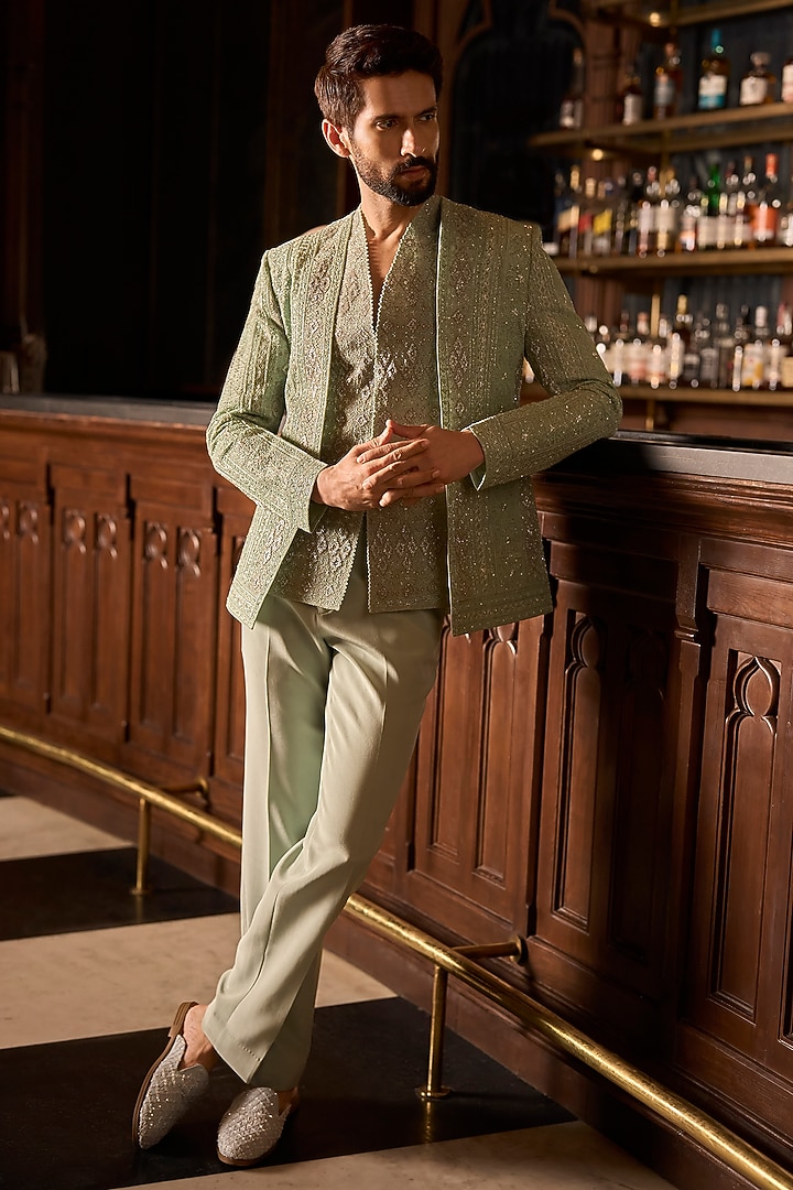 Sage Green Italian Crepe & Twill Silk Embroidered Open Jacket Set by Varun Chakkilam Men at Pernia's Pop Up Shop