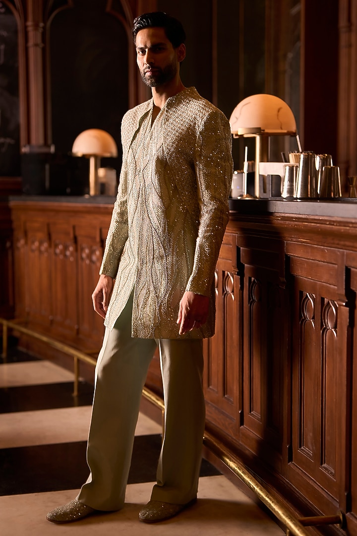 Sage Green Italian Crepe & Organza Embroidered Groom Sherwani Set by Varun Chakkilam Men at Pernia's Pop Up Shop