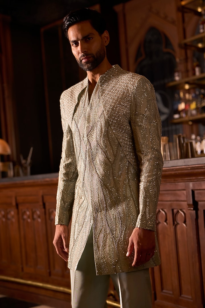 Sage Green Italian Crepe & Organza Embroidered Groom Sherwani Set by Varun Chakkilam Men at Pernia's Pop Up Shop