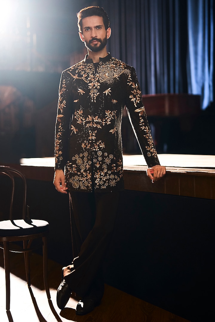 Brown Italian Crepe Embroidered Groom Sherwani Set by Varun Chakkilam Men at Pernia's Pop Up Shop