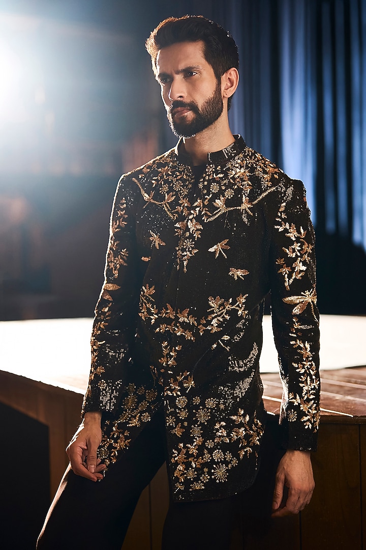 Brown Italian Crepe Embroidered Groom Sherwani Set by Varun Chakkilam Men at Pernia's Pop Up Shop