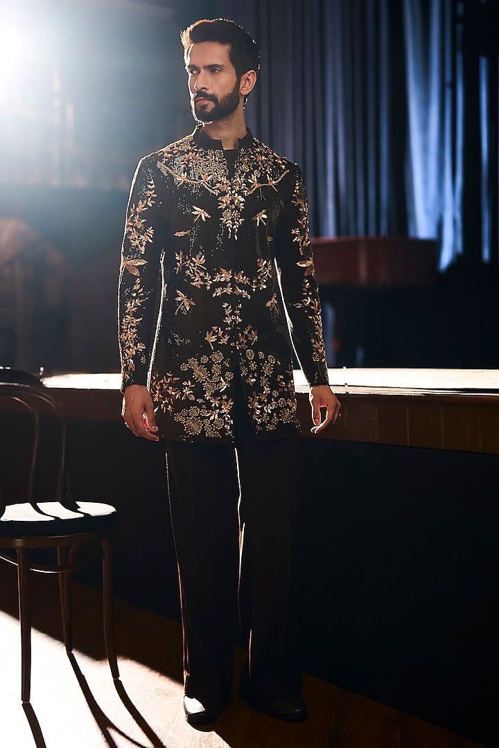 Brown Italian Crepe Embroidered Groom Sherwani Set by Varun Chakkilam Men at Pernia's Pop Up Shop