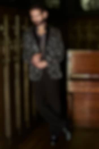 Black Japanese Polyester & Satin Embellished Blazer Set by Varun Chakkilam Men at Pernia's Pop Up Shop