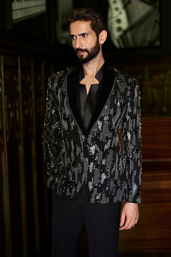 Black Japanese Polyester & Satin Embellished Blazer Set by Varun Chakkilam Men at Pernia's Pop Up Shop