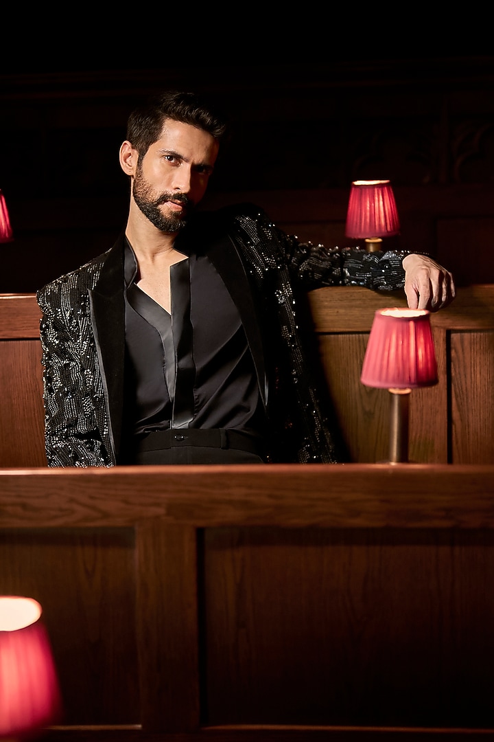 Black Japanese Polyester & Satin Embellished Blazer Set by Varun Chakkilam Men at Pernia's Pop Up Shop