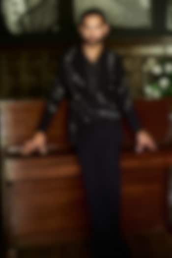 Black Japanese Polyester & Satin Hand Embroidered Blazer Set by Varun Chakkilam Men at Pernia's Pop Up Shop
