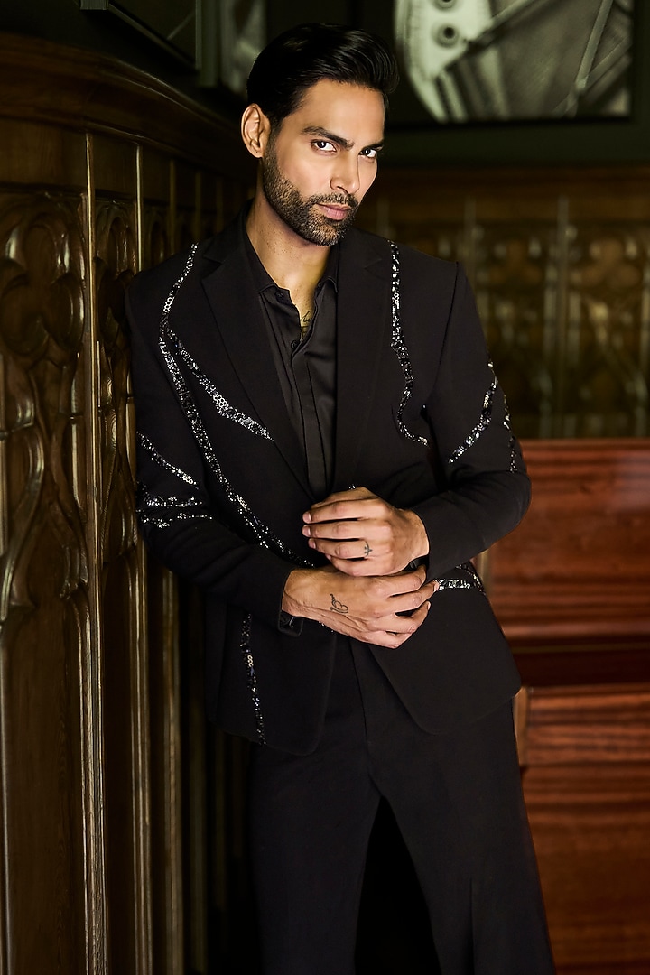 Black Japanese Polyester & Satin Hand Embroidered Blazer Set by Varun Chakkilam Men at Pernia's Pop Up Shop