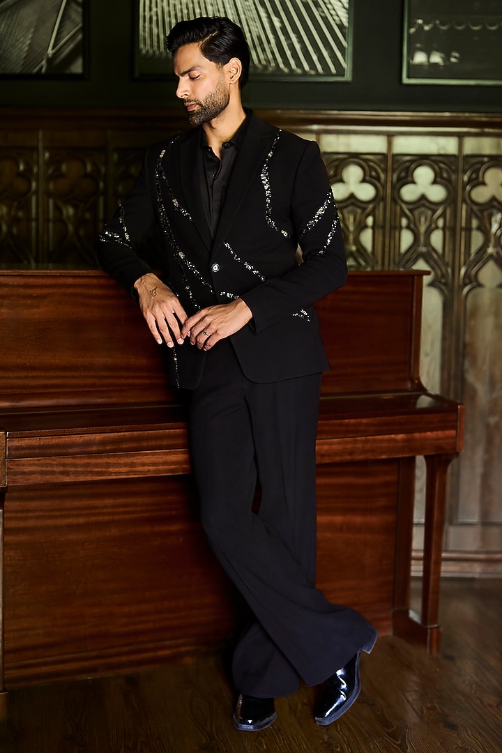 Black Japanese Polyester & Satin Hand Embroidered Blazer Set by Varun Chakkilam Men at Pernia's Pop Up Shop