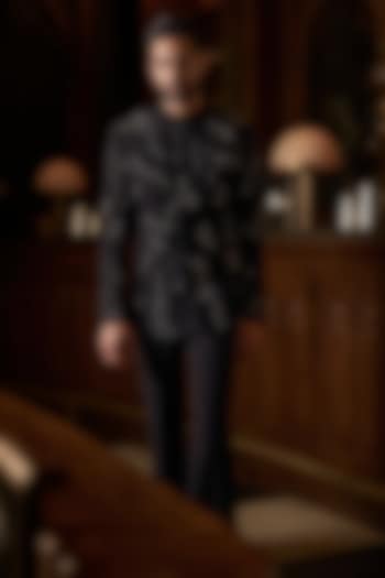 Black Japanese Polyester Embellished Groom Bandhgala Set by Varun Chakkilam Men at Pernia's Pop Up Shop