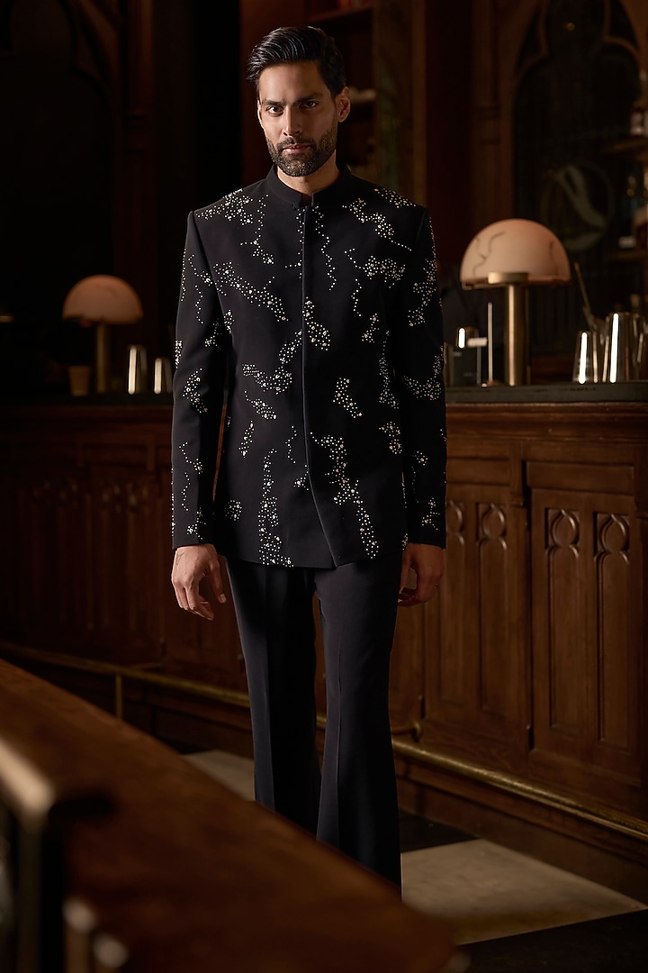 Black Japanese Polyester Embellished Groom Bandhgala Set by Varun Chakkilam Men at Pernia's Pop Up Shop