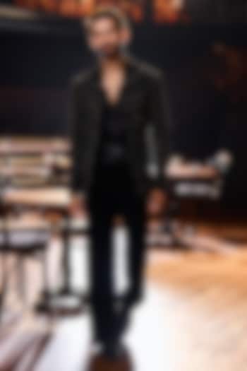 Black Japanese Polyester & Satin Embellished Open Jacket Set by Varun Chakkilam Men at Pernia's Pop Up Shop