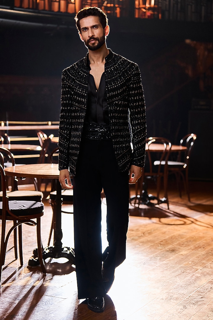 Black Japanese Polyester & Satin Embellished Open Jacket Set by Varun Chakkilam Men at Pernia's Pop Up Shop