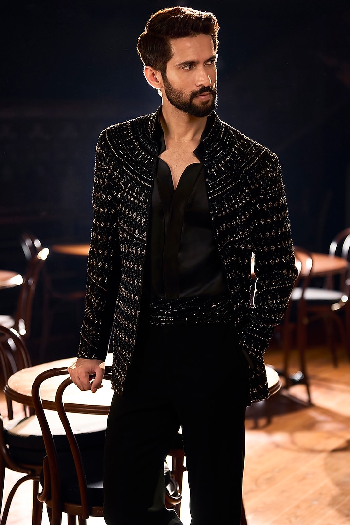 Black Japanese Polyester & Satin Embellished Open Jacket Set by Varun Chakkilam Men at Pernia's Pop Up Shop