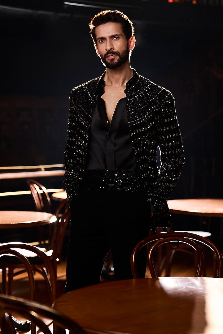 Black Japanese Polyester & Satin Embellished Open Jacket Set by Varun Chakkilam Men at Pernia's Pop Up Shop