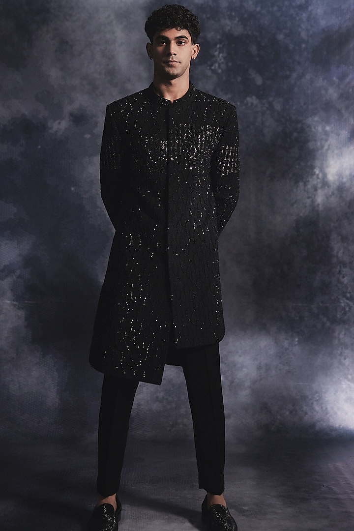 Ebony Black Poly Blend Suiting Sequin Embroidered Indowestern Set by Varun Chakkilam Men at Pernia's Pop Up Shop