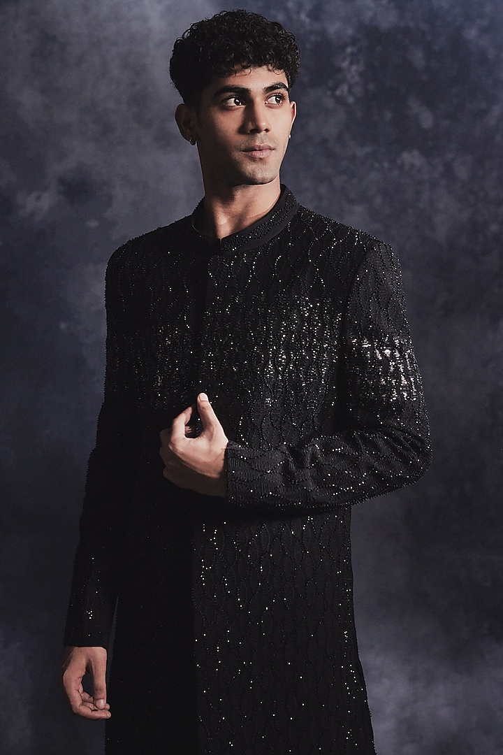 Ebony Black Poly Blend Suiting Sequin Embroidered Groom Indowestern Set by Varun Chakkilam Men at Pernia's Pop Up Shop