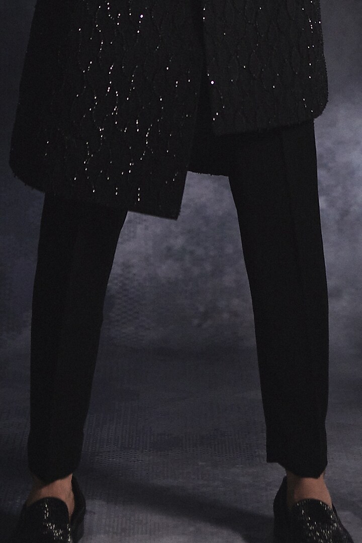 Ebony Black Poly Blend Suiting Sequin Embroidered Groom Indowestern Set by Varun Chakkilam Men at Pernia's Pop Up Shop