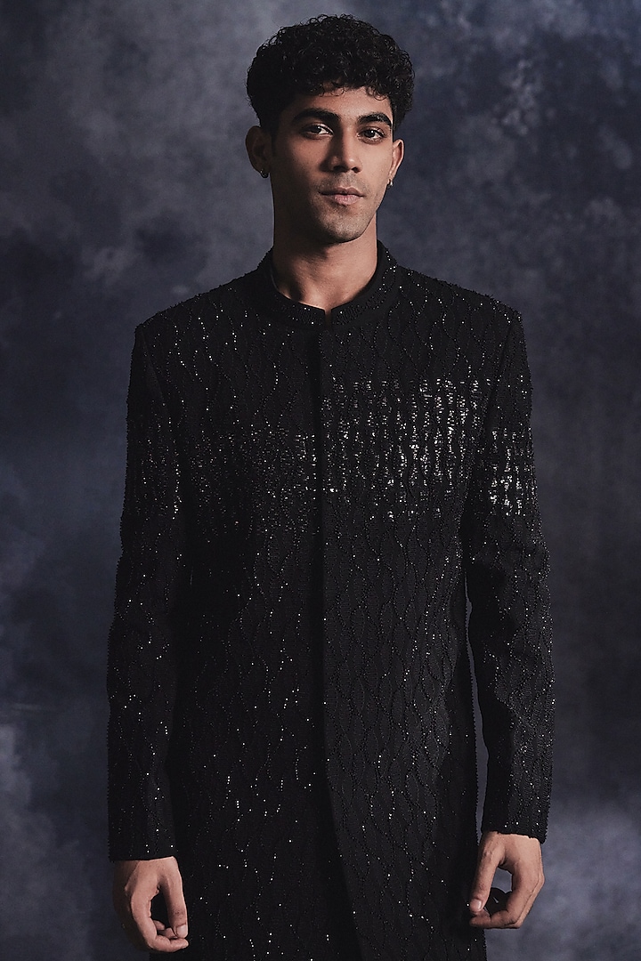 Ebony Black Poly Blend Suiting Sequin Embroidered Groom Indowestern Set by Varun Chakkilam Men at Pernia's Pop Up Shop