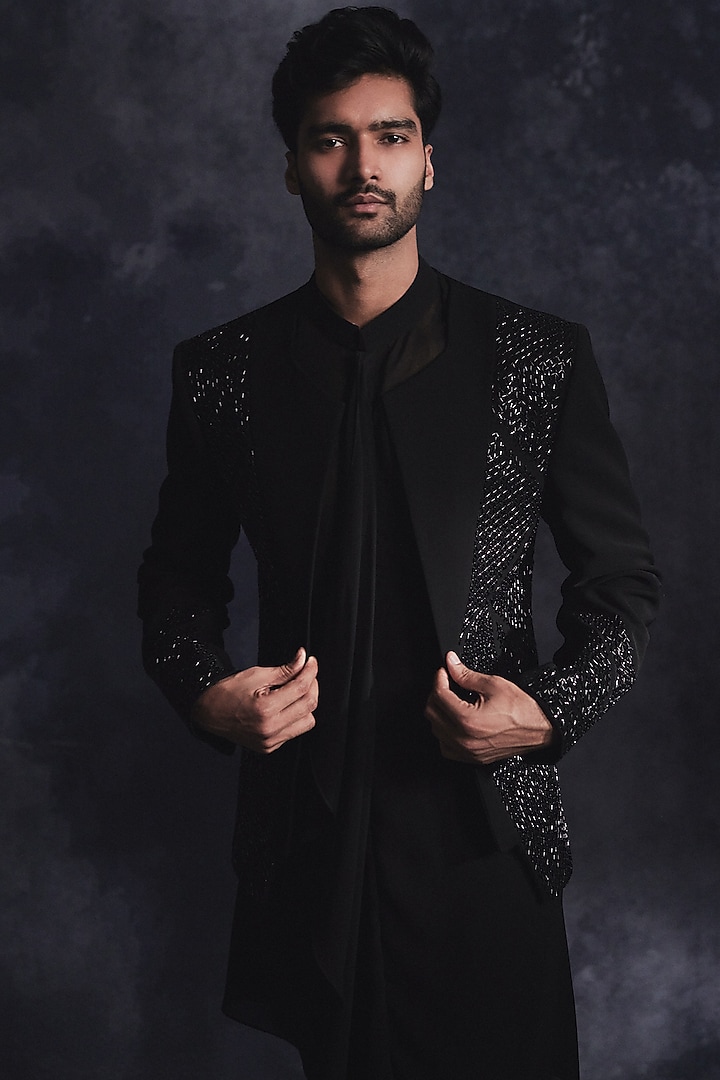 Ebony Black Poly Blend Suiting Bead Embroidered Indo-Western Set by Varun Chakkilam Men at Pernia's Pop Up Shop