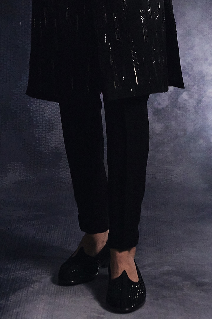 Ebony Black Poly Blend Suiting Embroidered Groom Sherwani Set by Varun Chakkilam Men at Pernia's Pop Up Shop