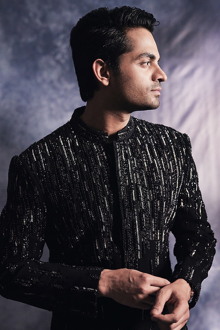 Ebony Black Poly Blend Suiting Embroidered Groom Sherwani Set by Varun Chakkilam Men at Pernia's Pop Up Shop