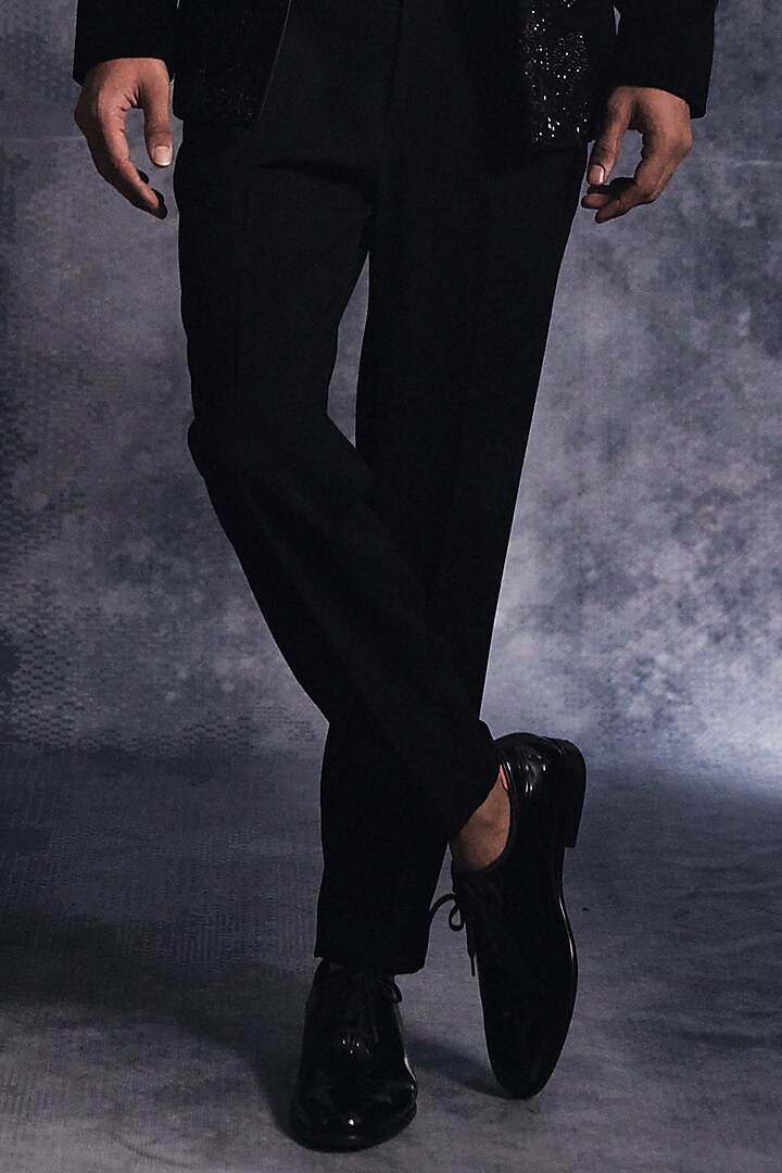 Ebony Black Poly Blend Suiting Embroidered Blazer Set by Varun Chakkilam Men at Pernia's Pop Up Shop