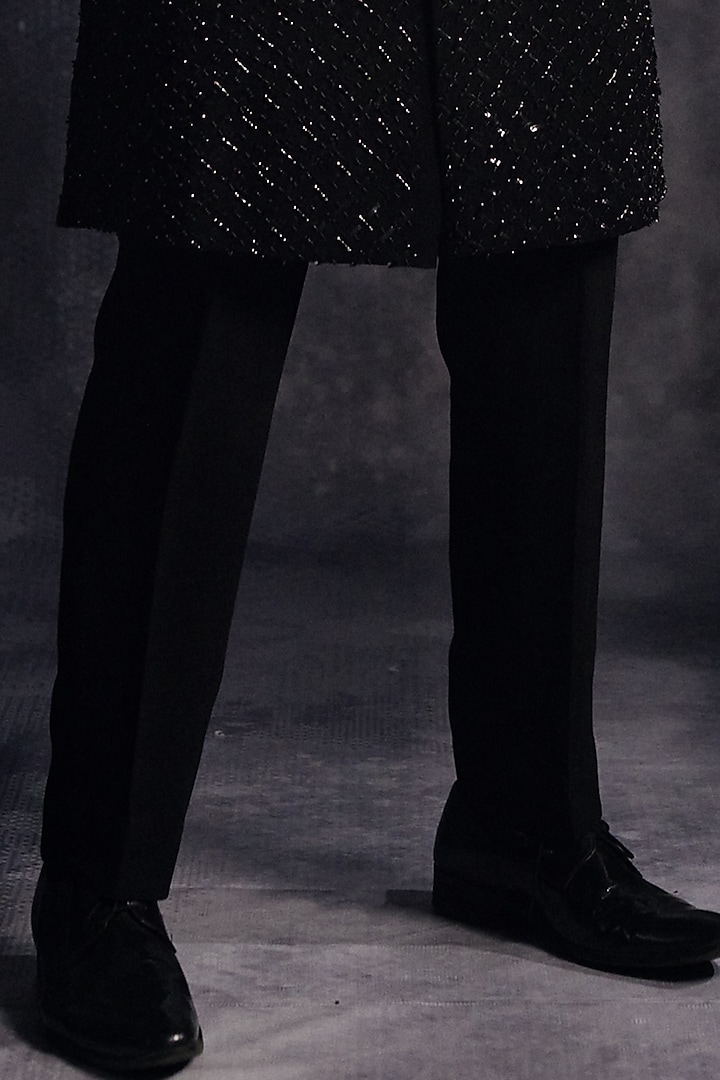 Ebony Black Poly Blend Suiting Sequin Embroidered Groom Sherwani Set by Varun Chakkilam Men at Pernia's Pop Up Shop