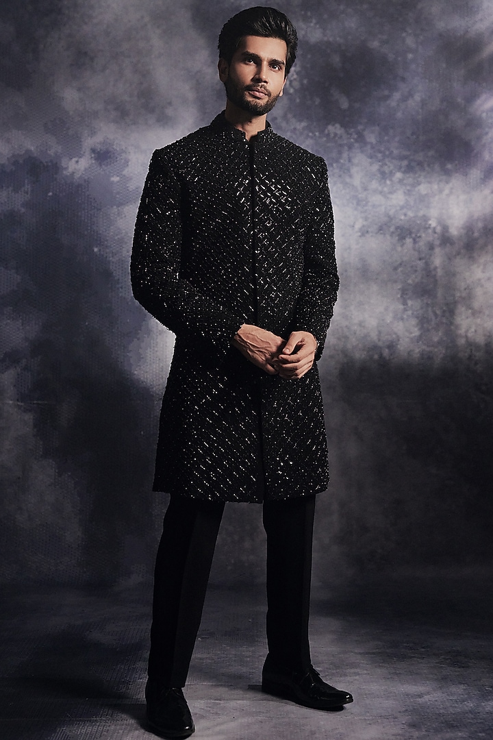 Ebony Black Poly Blend Suiting Sequin Embroidered Groom Sherwani Set by Varun Chakkilam Men at Pernia's Pop Up Shop