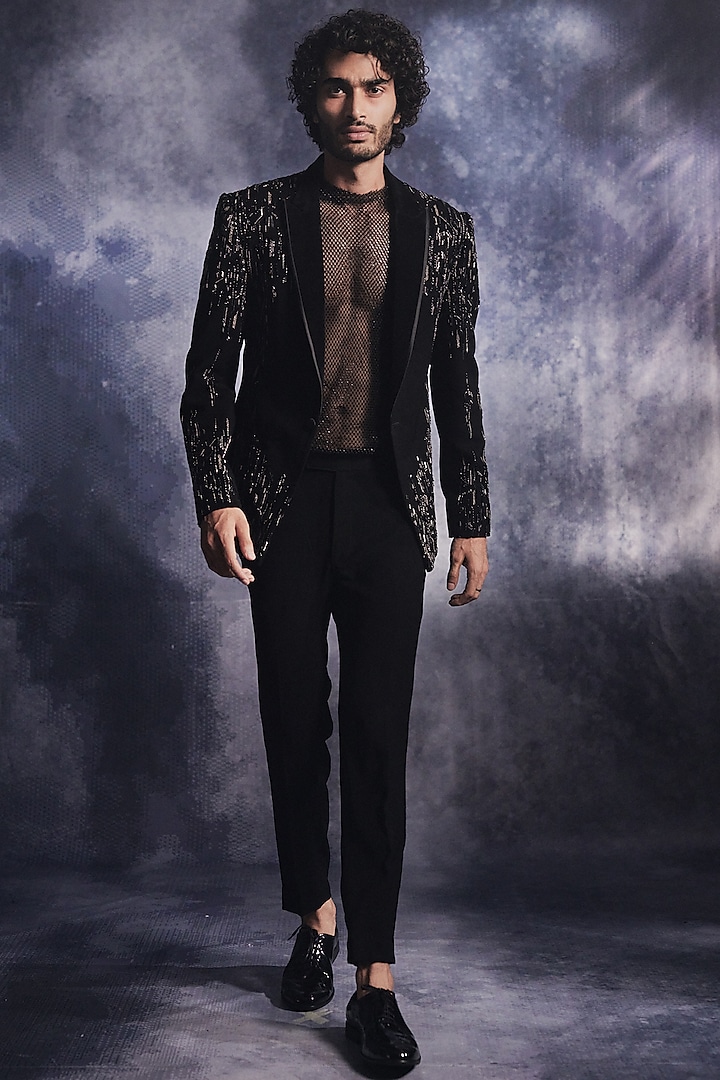 Ebony Black Poly Blend Suiting Sequin Embroidered Blazer Set Design by  Varun Chakkilam Men at Pernia's Pop Up Shop 2024