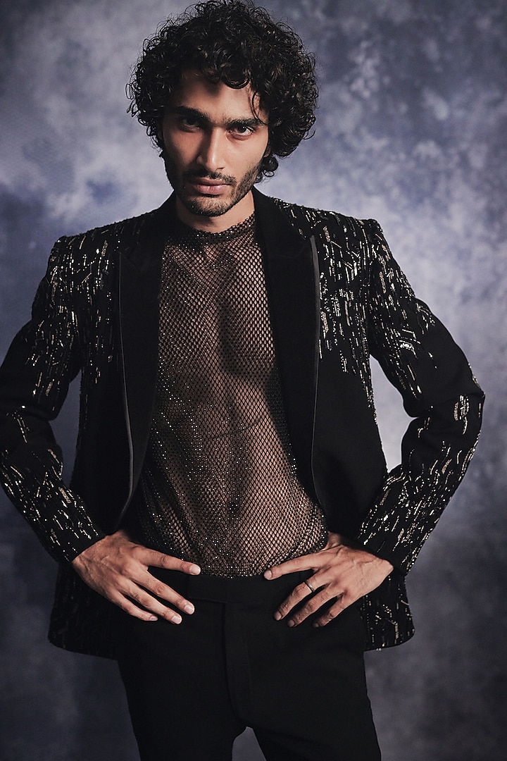 Ebony Black Poly Blend Suiting Sequin Embroidered Blazer Set by Varun Chakkilam Men at Pernia's Pop Up Shop