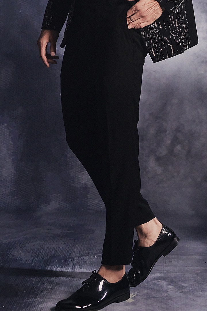 Ebony Black Poly Blend Suiting Sequin Embroidered Blazer Set by Varun Chakkilam Men at Pernia's Pop Up Shop