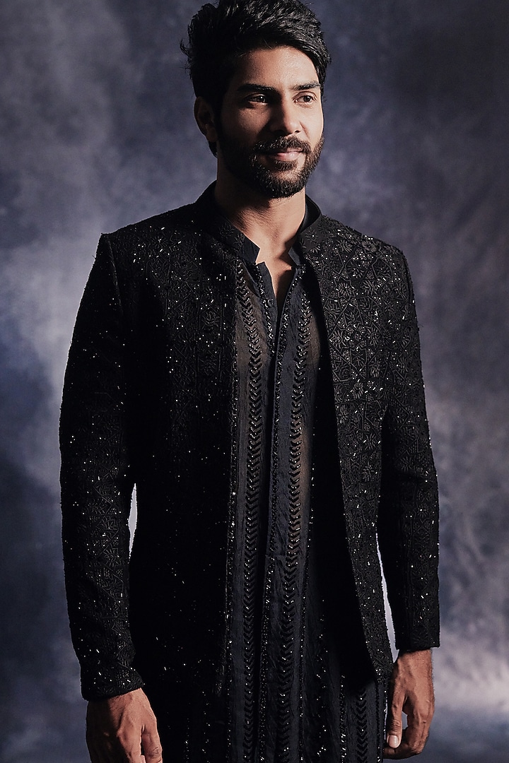 Ebony Black Poly Blend Suiting Embroidered Indo-Western Set by Varun Chakkilam Men at Pernia's Pop Up Shop