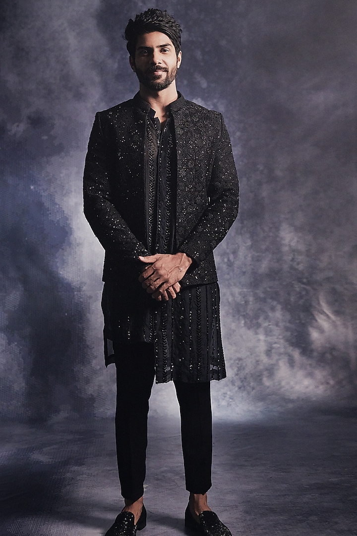 Ebony Black Poly Blend Suiting Embroidered Indo-Western Set by Varun Chakkilam Men at Pernia's Pop Up Shop