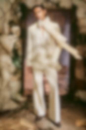 Ivory Organza & Italian Fabric Open Jacket Set by Varun Chakkilam Men at Pernia's Pop Up Shop