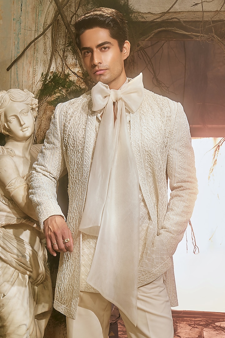 Ivory Organza & Italian Fabric Open Jacket Set by Varun Chakkilam Men at Pernia's Pop Up Shop