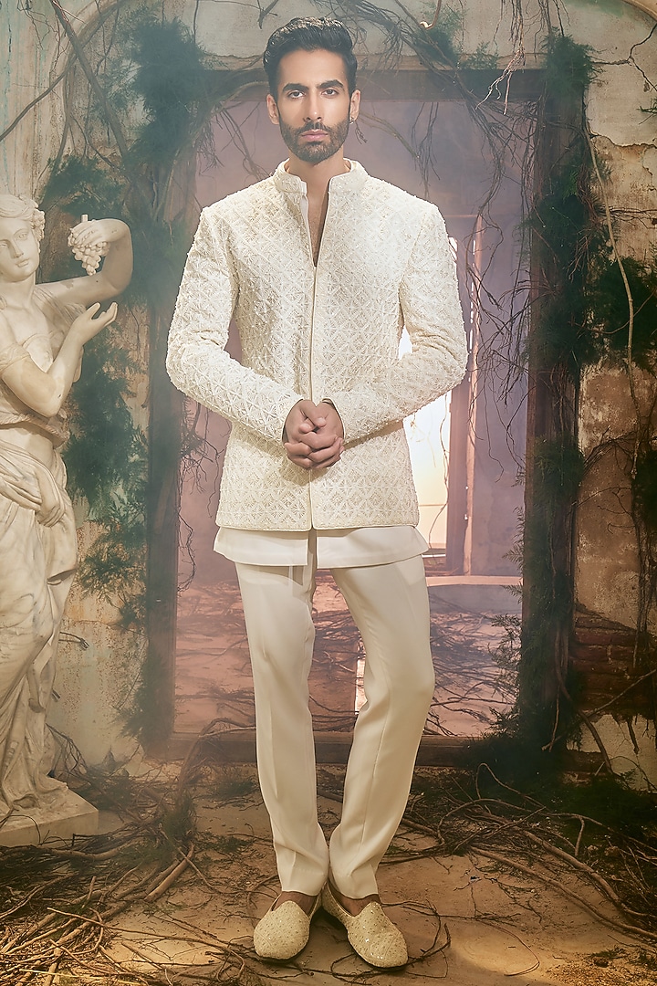 Ivory Organza & Italian Fabric Groom Bandhgala Set by Varun Chakkilam Men at Pernia's Pop Up Shop