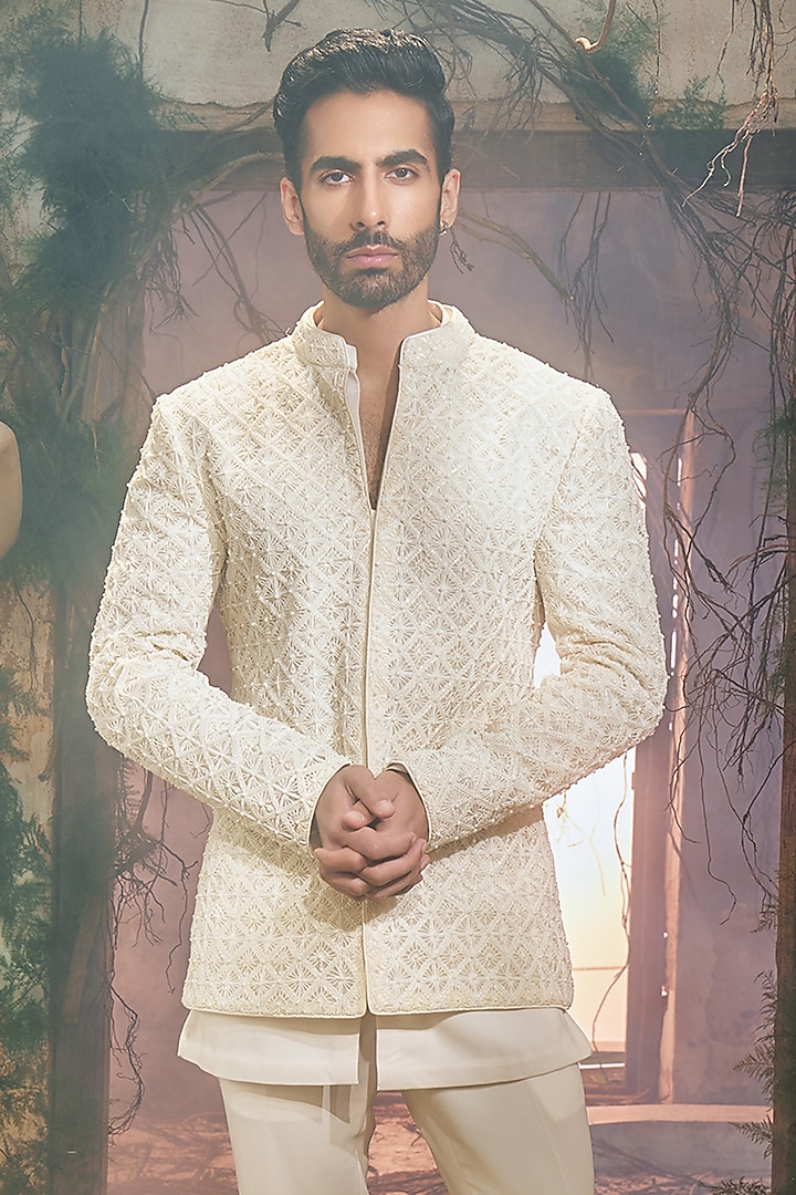Ivory Organza & Italian Fabric Groom Bandhgala Set by Varun Chakkilam Men at Pernia's Pop Up Shop