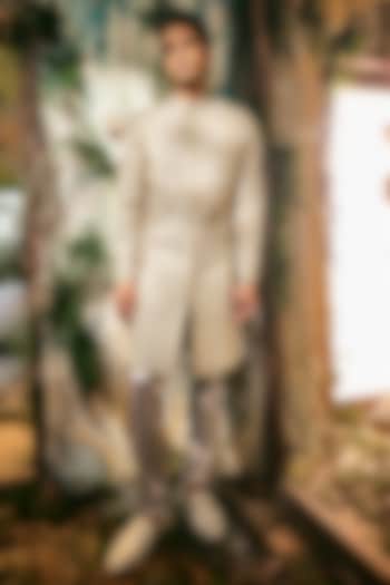 Gold & Silver Twill Silk Embroidered Groom Sherwani Set by Varun Chakkilam Men at Pernia's Pop Up Shop