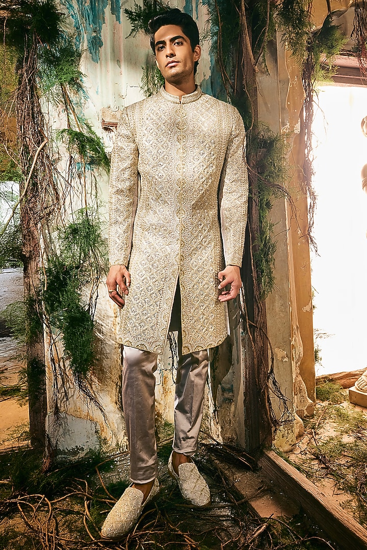 Gold & Silver Twill Silk Embroidered Groom Sherwani Set by Varun Chakkilam Men at Pernia's Pop Up Shop